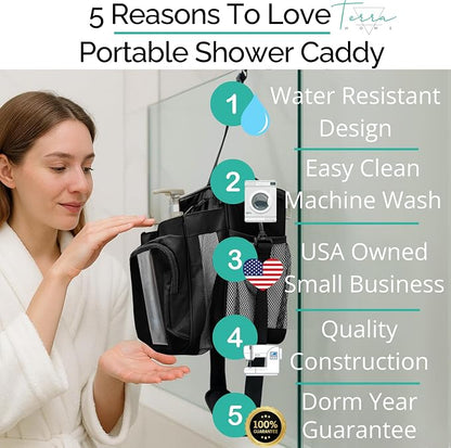 TERRA HOME Portable XL Shower Caddy Bag - College Dorm Room Essentials for Men, Women, Students - Foldable, Water Resistant with Hanging Keychain Hook and Shoulder Strap Shower Organizer Bag (Black)