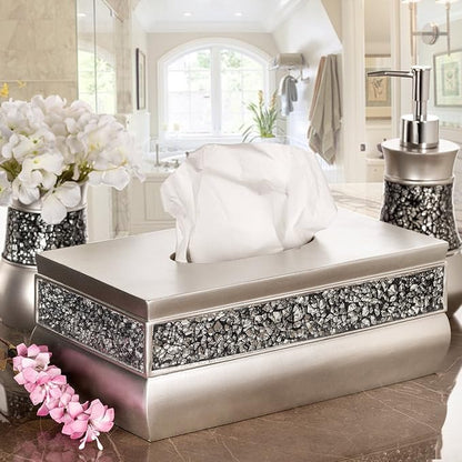 Crackled Glass Silver Tissue Box Cover Rectangular - Decorative Bling Tissue Box Holder With Beautiful Mosaic Glass - Elegant Tissue Holder For Bathroom With Durable Bottom Slider (Silver Collection)