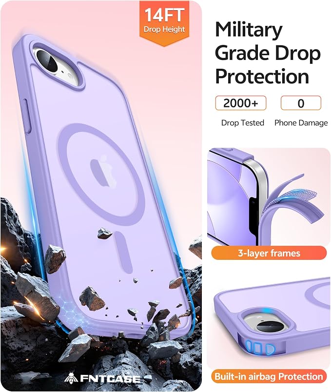FNTCASE for iPhone 17e Case: iPhone 16e Phone Case [Compatible with Magsafe] Translucent Matte Cases with [Screen Protector] Military Grade Shockproof Protective Phone Cover - Light Purple