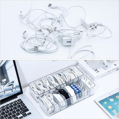 Clear Cable Cord Organizer Box, Adjustable Desk Drawer Storage Case for Home Office Supplies, Battery and Cell Phone Charger, Plastic Art Crafts Container