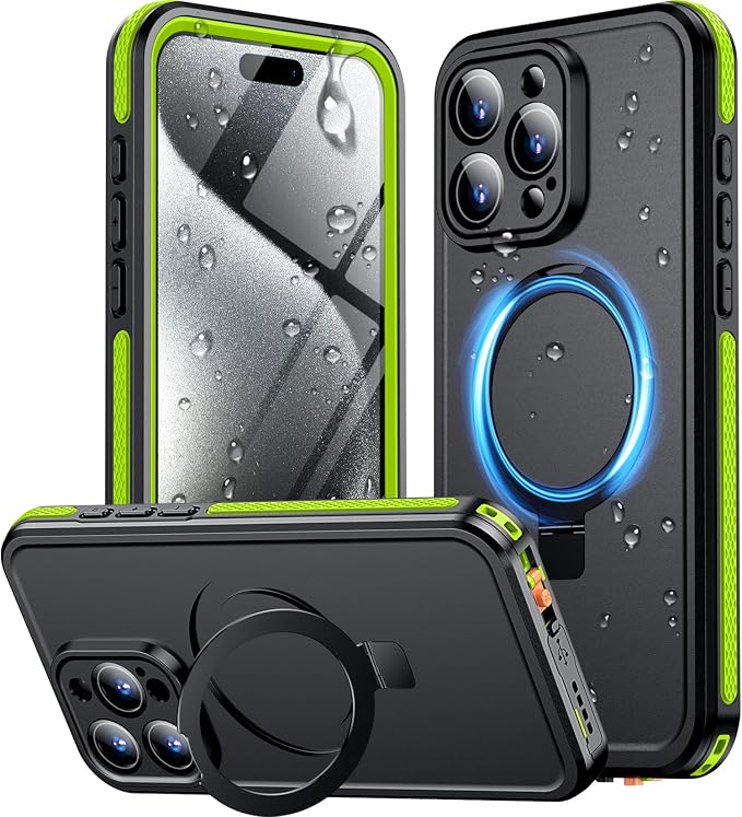 Temdan Magnetic for iPhone 15 Pro Case Waterproof, [Built-in Ring Invisible Stand & Screen Protector][IP68 Underwater][Dropproof][Dustproof][Real 360] Shockproof Protective Phone Case 6.1'' -Green