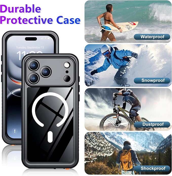Temdan Magnetic Compatible with iPhone 17 Pro Case,Waterproof Built-in Screen & Camera Protector IP68 Underwater Full Body 17FT Military Dropproof Shockproof Phone Case 6.3"-Mag/Black