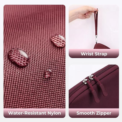 FYY Travel Cable Organizer - 8 Compartments, Lightweight, Water Repellent | With Wrist Strap, Portable Tech Pouch for Cord Charger, Travel and Business Trips Use, Soft Shell Nylon, Wine Red (Small)