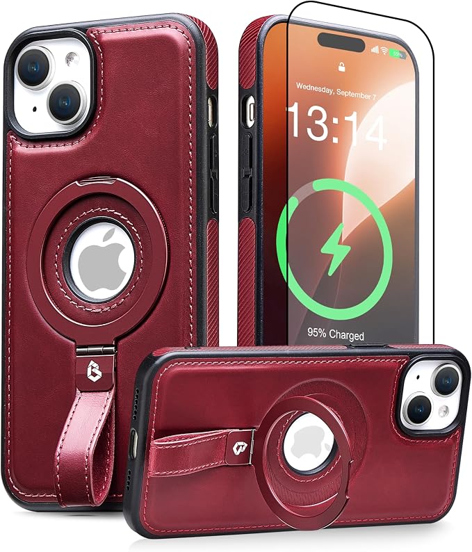 for iPhone 15 Leather Case with Stand, Anti-Slip Grip Ring, Fits for MagSafe (Burgundy, iPhone 15)