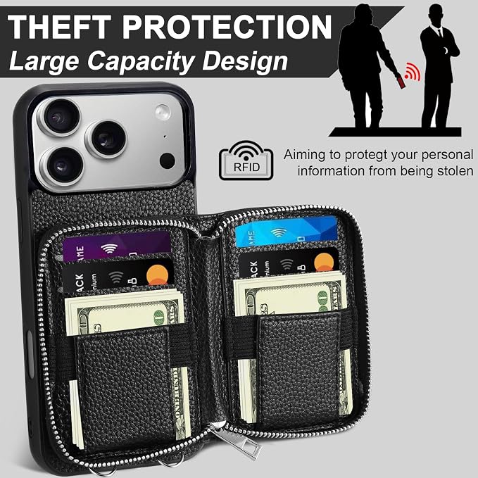 XANGNIER Wallet Case for iPhone 17 Pro Max with Strap, RFID Blocking PU Leather Crossbody Phone Purse with Card Holder, Zipper Pocket, Wrist Strap & Adjustable Lanyard for Women 6.9" 5G, Black