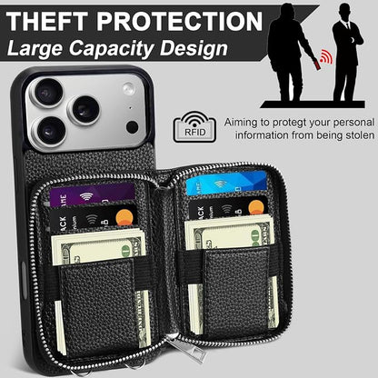 XANGNIER Wallet Case for iPhone 17 Pro Max with Strap, RFID Blocking PU Leather Crossbody Phone Purse with Card Holder, Zipper Pocket, Wrist Strap & Adjustable Lanyard for Women 6.9" 5G, Black