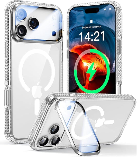 [Upgraded Full Camera Protection] for iPhone 17 Pro Case with Camera Cover Stand [Fit for MagSafe][10FT Mil-Grade Protection] Transparent Magnetic iPhone 17 Pro Phone Case, Clear