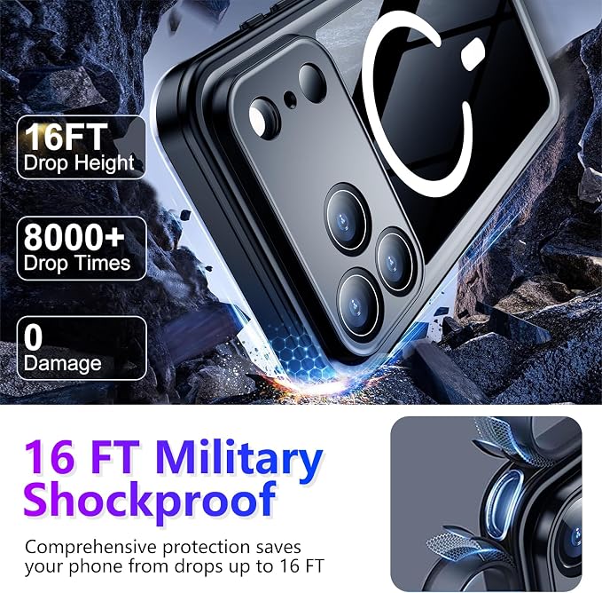 Temdan Magnetic Compatible with iPhone 17 Pro Max Case,Waterproof Built-in Screen & Camera Protector IP68 Underwater Full Body 17FT Military Dropproof Shockproof Phone Case 6.9"-Mag/Blue