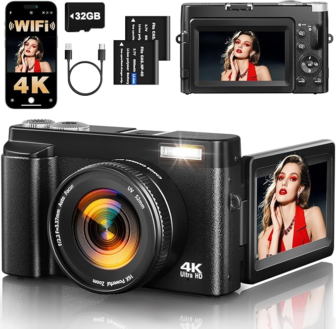 4K Digital Camera for Photography, 64MP Autofocus WiFi Vlogging Camera for YouTube with 3'' 180° Flip Screen,Travel Camera with SD Card, Point and Shoot Digital Camera 16X Zoom, UV Filter,2 Batteries