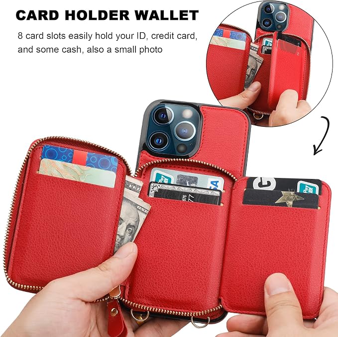 Bocasal RFID Blocking Wallet Case for iPhone 13 Pro Max, Adjustable Crossbody Zipper Purse with Kickstand and Detachable Wrist Strap, PU Leather Flip Folio Case 6.7 Inch 5G (Red)