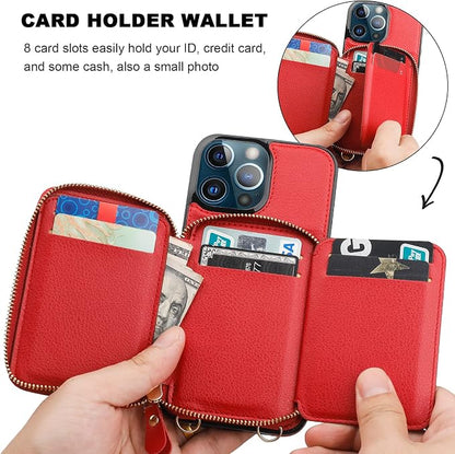 Bocasal RFID Blocking Wallet Case for iPhone 13 Pro Max, Adjustable Crossbody Zipper Purse with Kickstand and Detachable Wrist Strap, PU Leather Flip Folio Case 6.7 Inch 5G (Red)