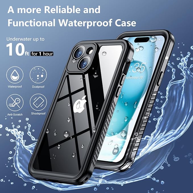SPIDERCASE for iPhone 15 Case Waterproof, Built-in Lens & Screen Protector, Full Heavy Duty Protection, 12FT Military Shockproof, Dustproof Phone Case,Black