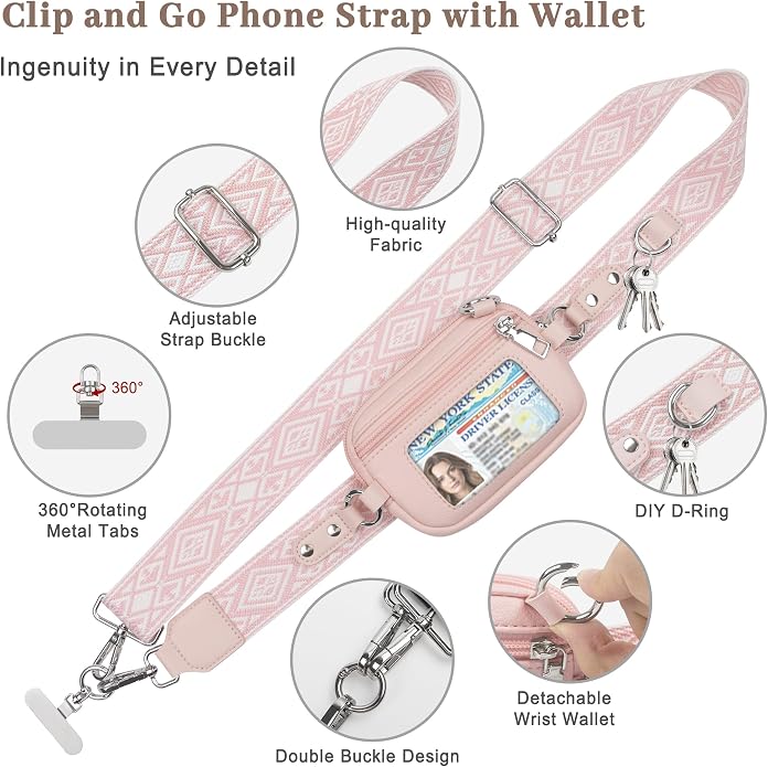 Clip and Go Cell Phone Pouch Lanyard Crossbody with Wallet | Adjustable Strap, Leather Purse Strap, Wrist Strap, For Women