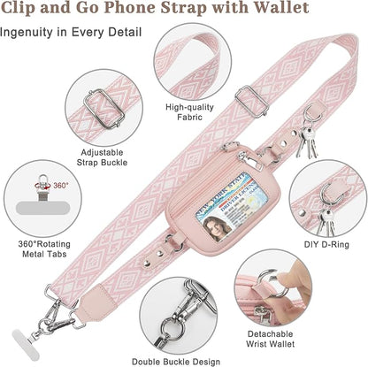Clip and Go Cell Phone Pouch Lanyard Crossbody with Wallet | Adjustable Strap, Leather Purse Strap, Wrist Strap, For Women