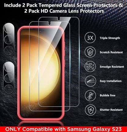 SPIDERCASE Designed for Samsung Galaxy S23 Case, [10 FT Military Grade Drop Protection], 2 Pack [Tempered Glass Screen Protector+Camera Lens Protector] Heavy Duty Shockproof Case, Red