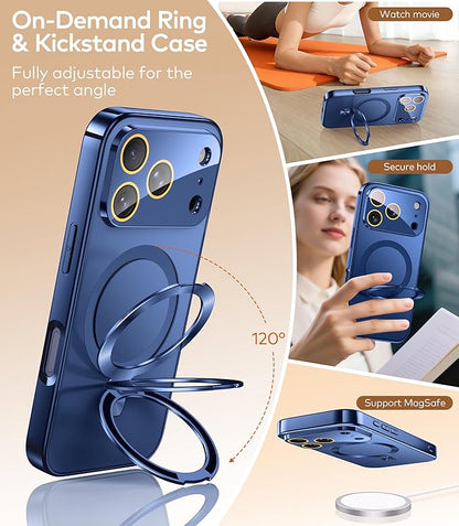Magnetic for iPhone 17 Pro Case with Ring Stand, Fits MagSafe, with Built-in Camera Cover, Slim Electroplated Shockproof Phone Case, Blue