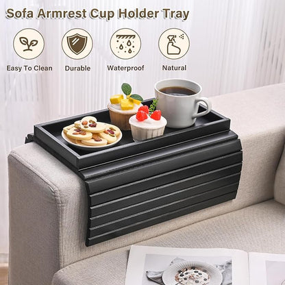 Bamboo Sofa Arm Tray, Anti-Dropping Couch Arm Tray, Foldable Sofa Armrest Tray Couch Arm Table for Eats, Drinks, Snacks, Remote, Cellphone, Cup Holder, Back Anti-Slip Pad Design