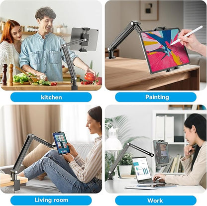 Adjustable Portable Monitor Stand 15.6" - 360° Rotating Base Tall Tablet Desk Arm Holder Stand for iPad Air/Pro/Mini Swivel Flexible Bed Clamp Mount Soporte para Tablet/Monitor Portatil/Ereader