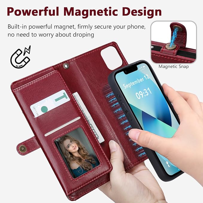 Wallet Case for iPhone 13 with Card Holder/Crossbody Wallet/Strap| RFID Blocking | Magnetic | Kickstand | Detachable | PU Leather Phone Case for iPhone 13,6.1 in,Wine Red