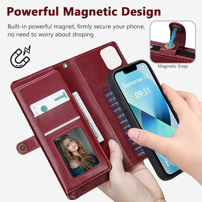 Wallet Case for iPhone 13 with Card Holder/Crossbody Wallet/Strap| RFID Blocking | Magnetic | Kickstand | Detachable | PU Leather Phone Case for iPhone 13,6.1 in,Wine Red