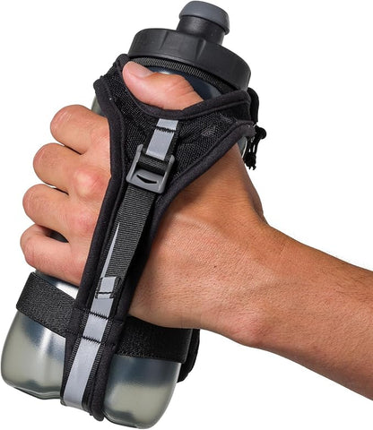 Nathan SpeedDraw 2 Insulated Handheld Running Water Bottle Flask – Double-Wall Insulation, Ergonomic Grip, Blast Valve Cap, Phone & Key Storage Pockets, Reflective Design, 22oz - Black