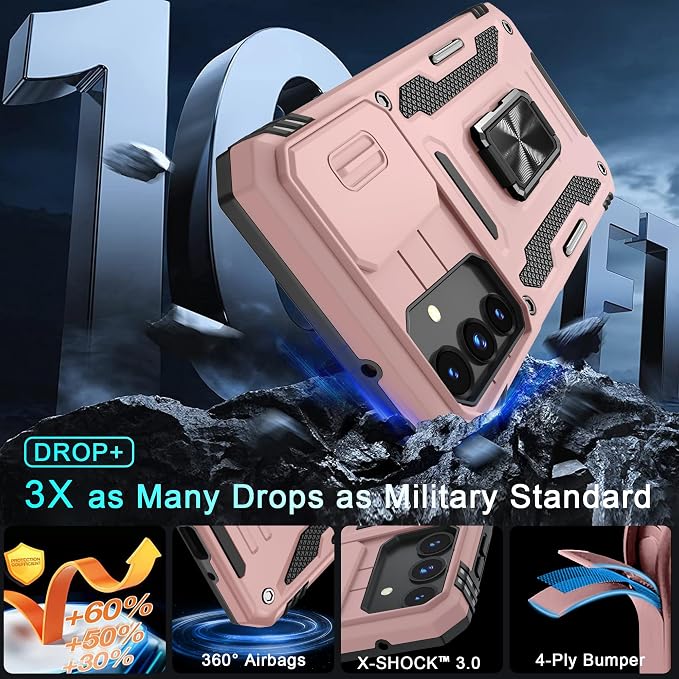 DEERLAMN Case for Samsung Galaxy A16 5G with Slide Camera Cover+Screen Protector (1 Pack), Rotated Ring Kickstand Military Grade Shockproof Protective Cover-Rose Gold