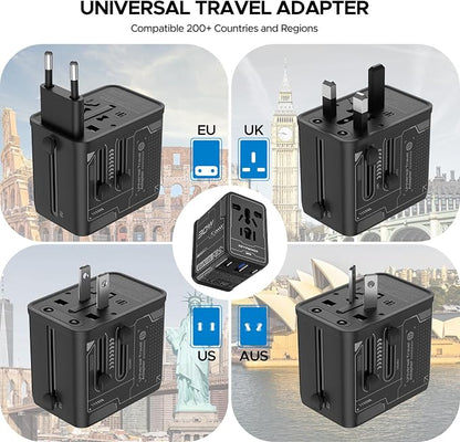 Universal Travel Adapter 30W, 4-Port Power Adapter with 2 USB-C, 1 USB-A | All-in-One Plug Adpater, Works in 200+ Countries, Not a Voltage Converter, Travel Essentials.