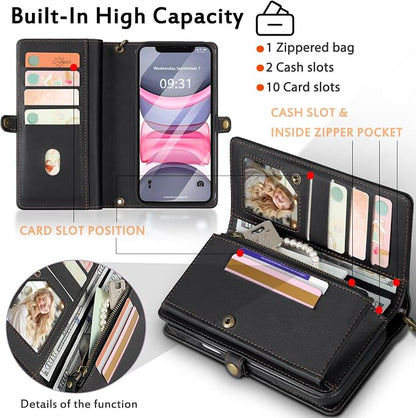 for Wallet Case Compatible with iPhone 11,Multi-Function Detachable 2 in 1 Magnetic iPhone 11 Case Wallet,Flip Strap Zipper Card Holder Phone Case with Shoulder Straps (Black)