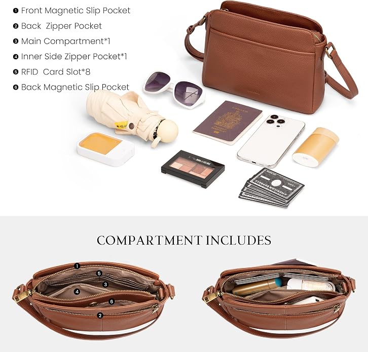 befen Anti-theft Crossbody Bag for Women Genuine Leather, Small Cross Body Shoulder Handbags with RFID Card Slots