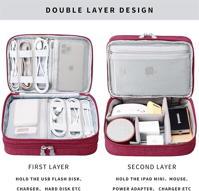 mygreen Electronic Accessories Organizer Bag, Waterproof Double Layer Travel Storage Case with Adjustable Padded Dividers, Portable Hard Pouch for Cables, Charger, Power Bank, Phone, Hard Drive Red