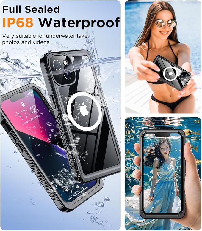 Temdan Magnetic for iPhone 13 Case Waterproof,Built-in Screen Protector[IP68 Underwater][Upgrade Military Dropproof][Compatible with MagSafe] Full Body Shockproof for Phone Case 6.1'' Black