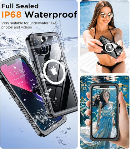 Temdan Magnetic for iPhone 13 Case Waterproof,Built-in Screen Protector[IP68 Underwater][Upgrade Military Dropproof][Compatible with MagSafe] Full Body Shockproof for Phone Case 6.1'' Black