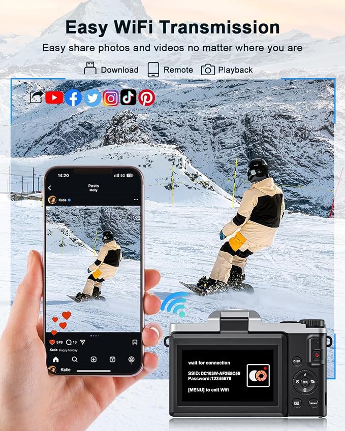 4K Digital Camera with WiFi 64MP Autofocus Vlogging Camera Compact Travel Cameras for Photography, 3" 180° Flip Screen 16X Zoom Flash Anti-Shake, Point and Shoot Camera for Beginner, Easy to Use