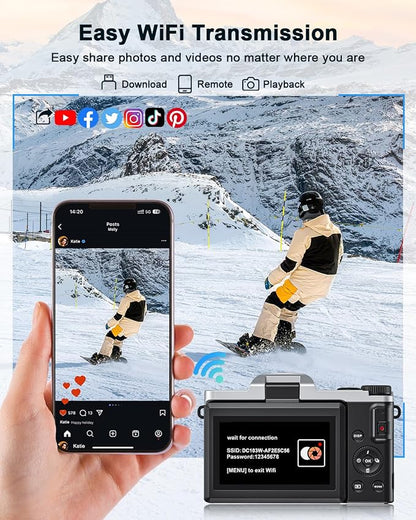 4K Digital Camera with WiFi 64MP Autofocus Vlogging Camera Compact Travel Cameras for Photography, 3" 180° Flip Screen 16X Zoom Flash Anti-Shake, Point and Shoot Camera for Beginner, Easy to Use