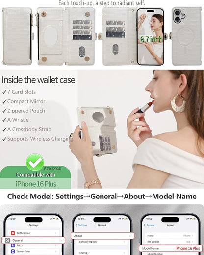 Crossbody Wallet Case for iPhone 16 Plus with Mirror, Wrist Strap, Zipper Purse Magnetic Flip RFID Blocking Card Holder, Wireless Charging, PU Leather Shockproof 6.7" Women (White)