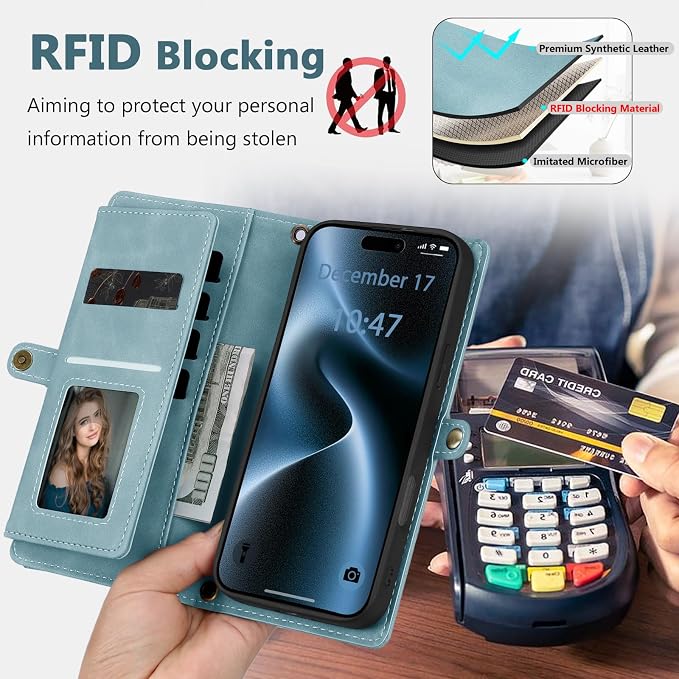 Wallet Case for iPhone 15 Pro Max with Card Holder/Crossbody Wallet/Strap| RFID Blocking | Magnetic | Kickstand | Detachable | PU Leather Phone Case for iPhone 15 Pro Max,6.7 in,Blue