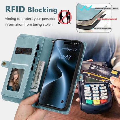 Wallet Case for iPhone 15 Pro Max with Card Holder/Crossbody Wallet/Strap| RFID Blocking | Magnetic | Kickstand | Detachable | PU Leather Phone Case for iPhone 15 Pro Max,6.7 in,Blue