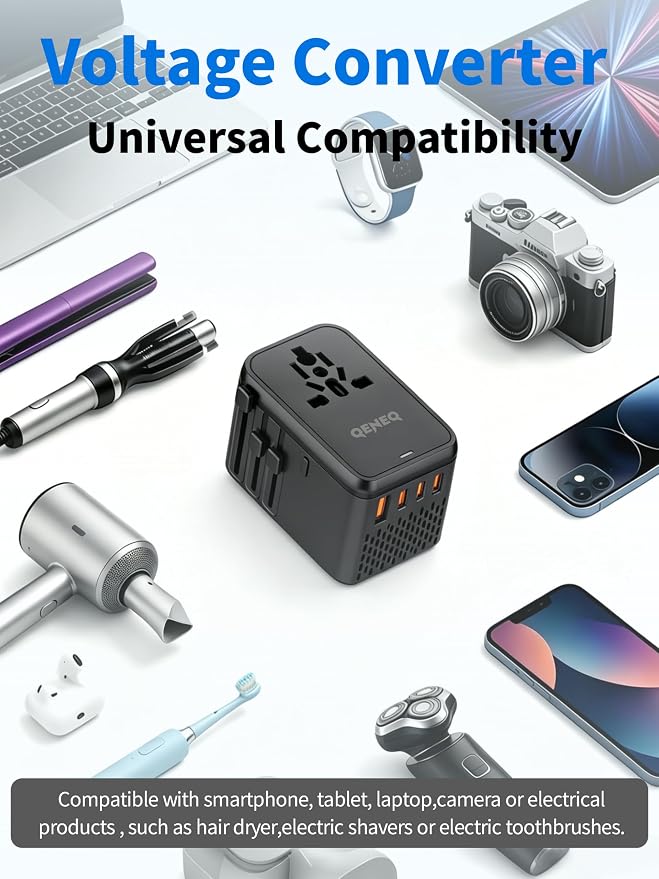 220V to 110V Voltage Converter Universal Travel Adapter International Step Down Power Adapter Converter with 3 USB C and USB A Ports US Canada to Europe Plug Adapter Travel Plug Adapter (Black)