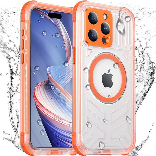 2024 Upgrade for iPhone 15 Pro Case Waterproof,[Compatible With MagSafe][Built-in Screen&Camera Protector][Full Body Dropproof][IP68 Underwater][Clear Sound]Shockproof Phone Case 6.1" Orange/Clear