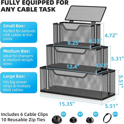 Marbrasse 3 Pack Cable Management Box, Metal Mesh Cord Organizer Box for TV Wires, Electrical Hiding, Power Strip – Under Desk Cable Storage Box with Cable Clips&Reusable Cable Ties for Home/Office