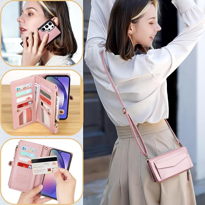 for Samsung Galaxy S25 Ultra Wallet Case for Women Men, Wireless Charging with RFID Blocking Card Holder, PU Leather Crossbody Strap Detachable Magnetic Phone Shell Purse, Pink