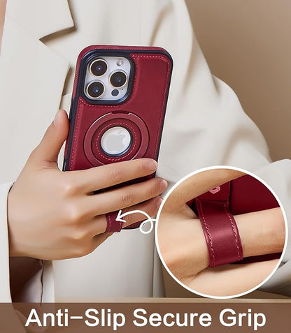 for iPhone 12 / iPhone 12 Pro Leather Case with Stand, Anti-Slip Grip Ring, Fits for MagSafe (Burgundy, iPhone 12/12 Pro)