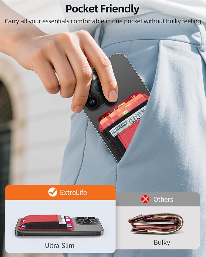 Upgraded for Magsafe Wallet, Strongest Magnetic Wallet for iPhone 17/16/15/14/13/12 Series, Magnetic Card Holder with 2 Card Slots, RFID Blocking, Vegan Leather, Fit 7 Cards, Red
