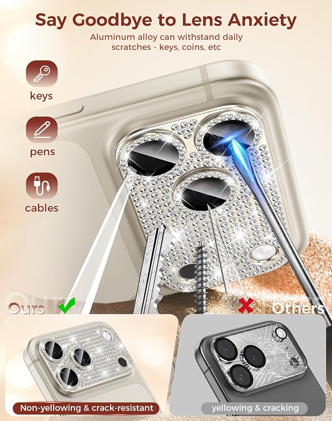 Goton for iPhone 17 Pro Max Camera Lens Protector Diamond Bling- Not Easy to Fall, Strong Adsorption, Glitter Metal Aluminum Alloy Rear Camera Screen Cover Accessories for 17 Promax, Silver