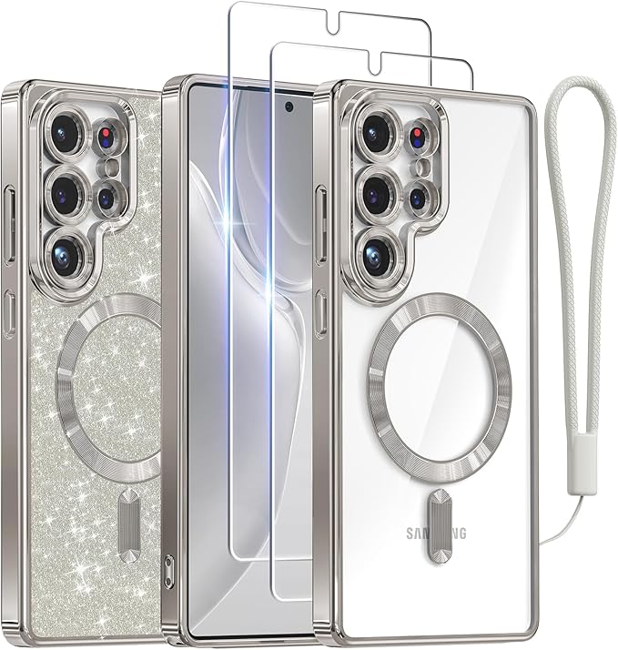 Meifigno Case Designed for Samsung Galaxy S25 Ultra 6.9 inch, [Compatible with MagSafe] [2X HD Screen Protectors] [Glitter Card & Wrist Strap] Full Lens Protection Case for Galaxy S25 Ultra, Silver | 6.9 inch