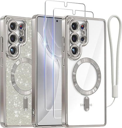 Meifigno Case Designed for Samsung Galaxy S25 Ultra 6.9 inch, [Compatible with MagSafe] [2X HD Screen Protectors] [Glitter Card & Wrist Strap] Full Lens Protection Case for Galaxy S25 Ultra, Silver | 6.9 inch