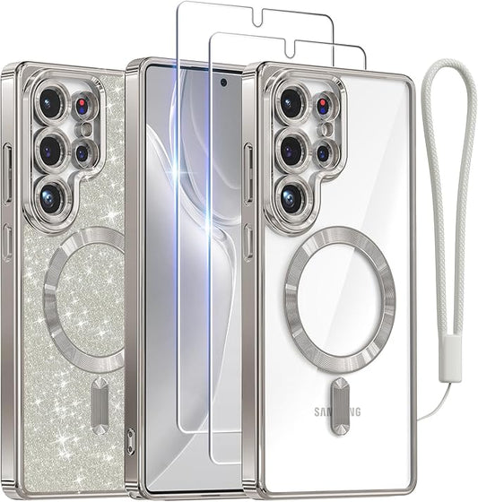 Meifigno Case Designed for Samsung Galaxy S25 Ultra 6.9 inch, [Compatible with MagSafe] [2X HD Screen Protectors] [Glitter Card & Wrist Strap] Full Lens Protection Case for Galaxy S25 Ultra, Silver | 6.9 inch