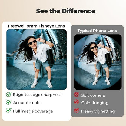 Freewell 8mm Fisheye Lens for iPhone & Samsung – 220° Ultra-Wide Angle, 0.5m Focus Distance – Perfect for Creative Shots