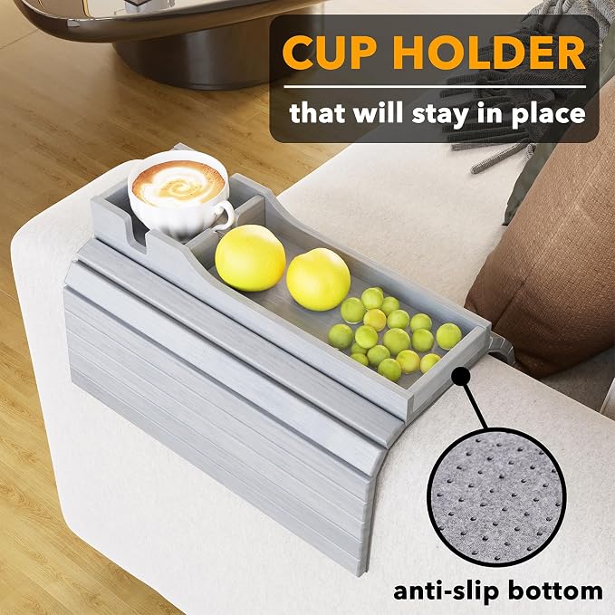 SpaceAid Bamboo Couch Cup Holder, Anti Falling Foldable Sofa Armrest Tray with Cup Holder, Couch Arm Side Table Organizer for Drink Cup Remote Snacks (Gray) (Pack of 2)