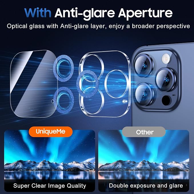 UniqueMe for 3 Pack iPhone 15 Pro/iPhone 15 Pro Max Camera Lens Protector, [Drop Protection] [Case Friendly] 9H+ Tempered Glass Camera Cover Screen [Update New Version] - Glitter Blue